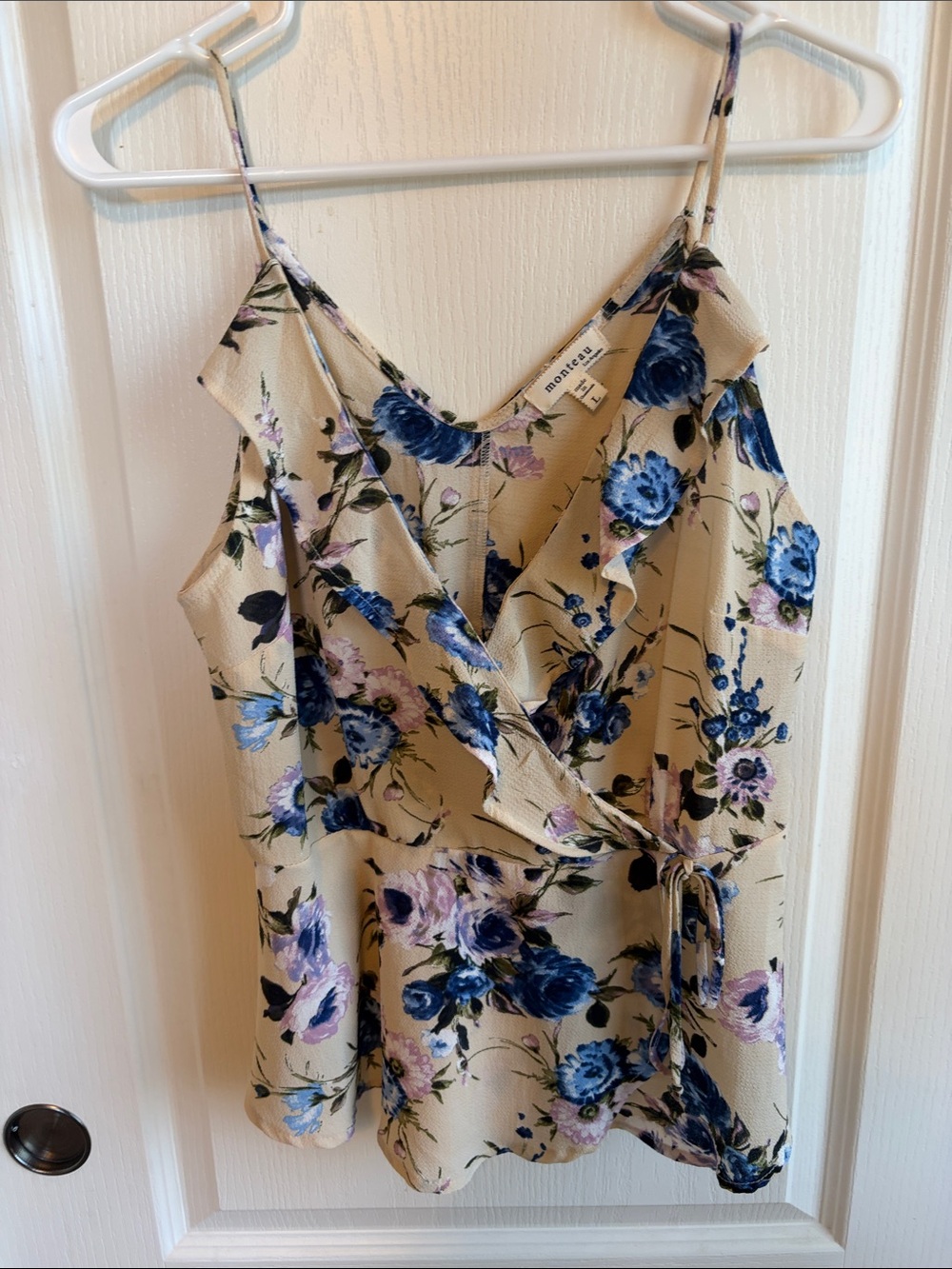 Monteau Floral Wrap Tank - Blue & Beige with Lavender Accents